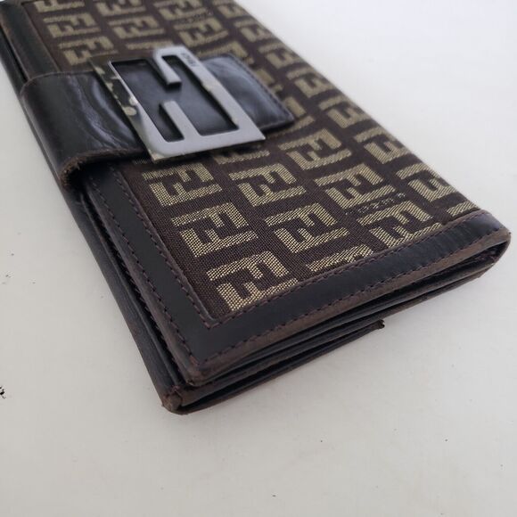 Fendi Zucca Vintage Wallet Canvas Leather Wallet Brown Purse Trifold Large Logo - Picture 12 of 13